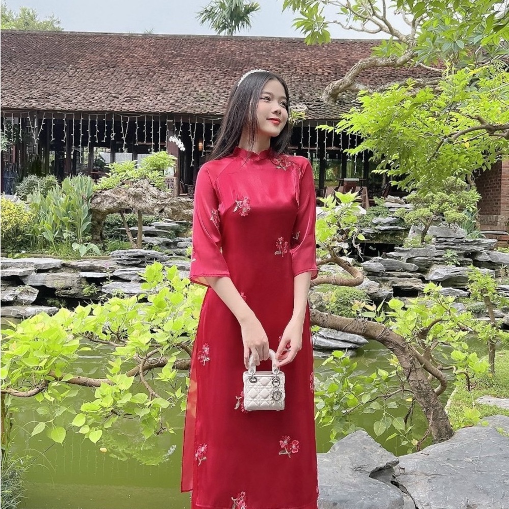 Red 3D floral Vietnamese dresses